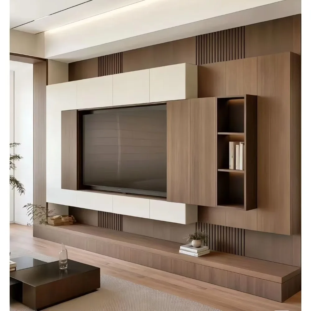 Home Cinema Furniture - モダンなカスタム木製ロータイプテレビ台、パネルデザイン、高さ調節可能、65インチ以上のテレビに対応、リビングルーム、寝室、ホームオフィスに最適