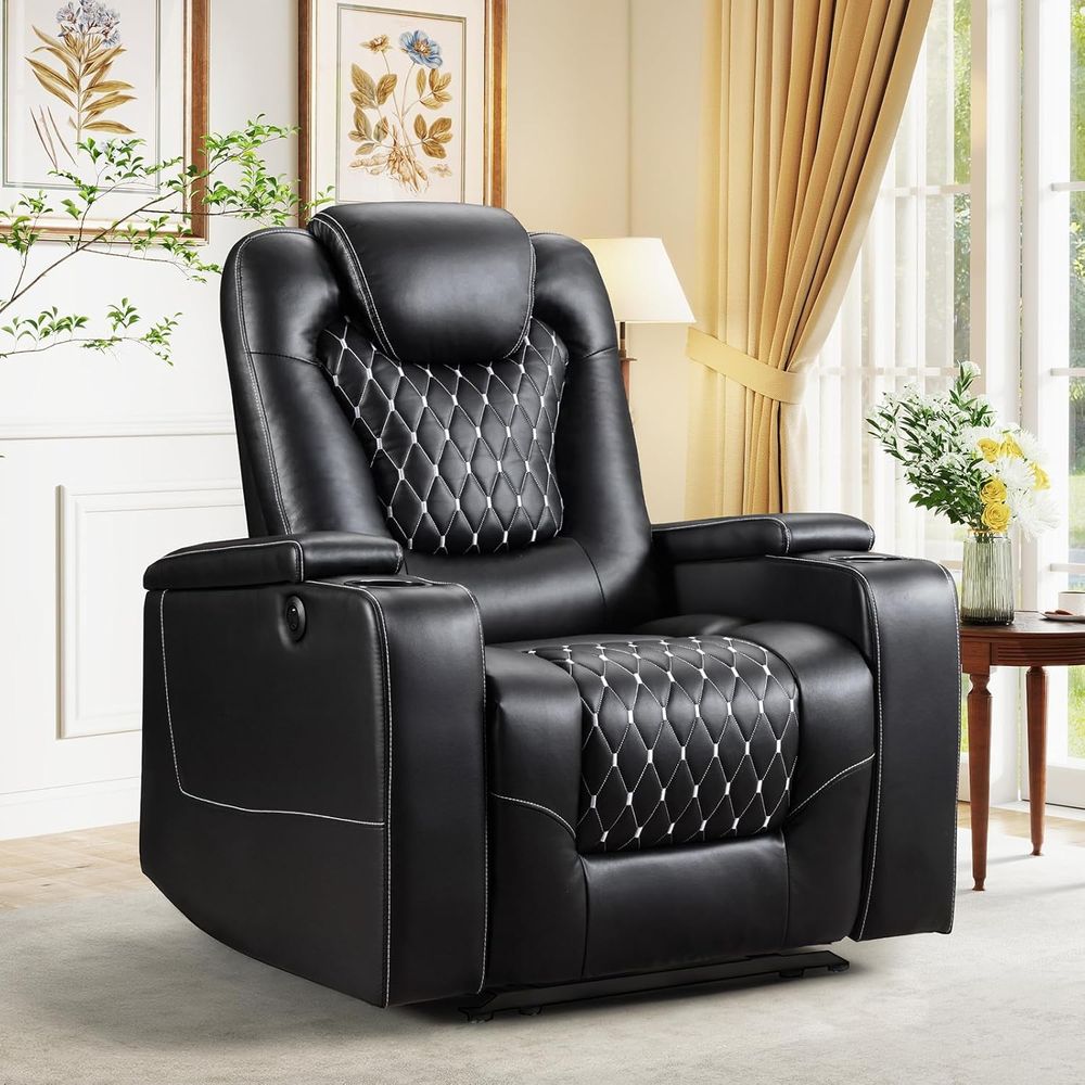 Home Cinema Recliner Chairs - USBポートとカップホルダー付き電動リクライニングチェア - オーバーサイズ電動ホームシアター用シート PUレザー製リクライニング家具