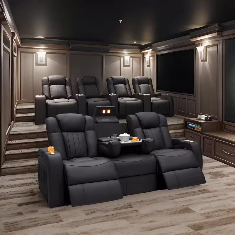 Home Cinema Recliner Chairs - 革製リクライニングソファセット 電動リクライニング ホームシアターソファセット シネマリクライニングチェア ブラックカラー 本革