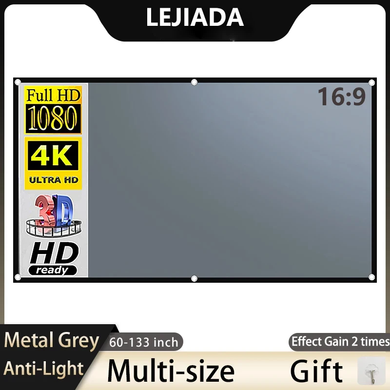 Home Cinema Blanc - LEJIADA プロジェクタースクリーン 60-133 インチメタルグレー抗光 16:9 ポータブル黒ボーダー穴付き家庭用屋外投影スクリーン