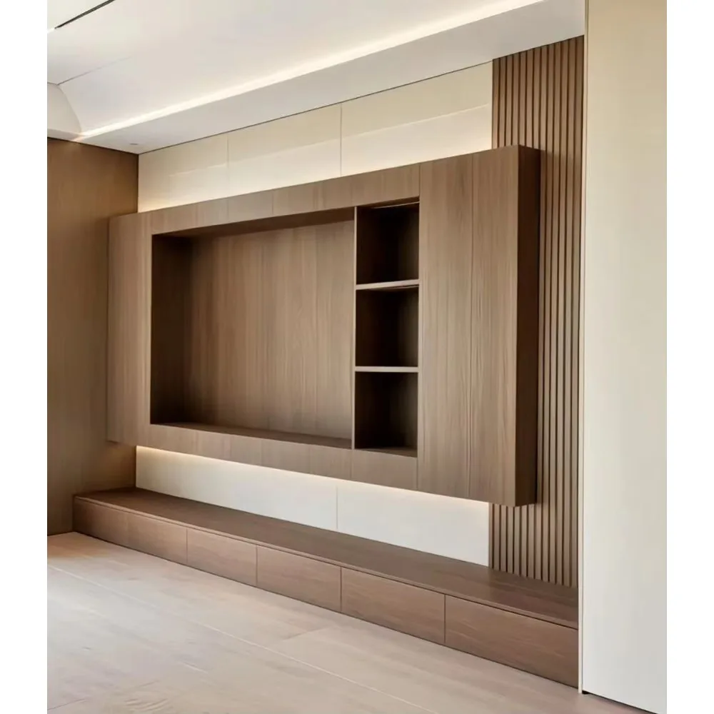 モダンなカスタム木製ロータイプテレビ台、パネルデザイン、高さ - Home Cinema Furniture のレビューと価格